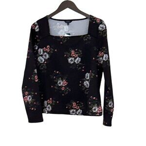 Violets & Roses Women's Square Neck Long Sleeve Floral Top Black Size M NWT